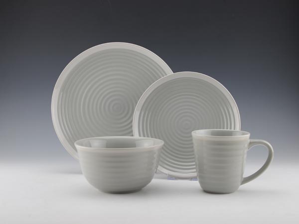 16 pc Stoneware embossed solid color with white rim-HS13014